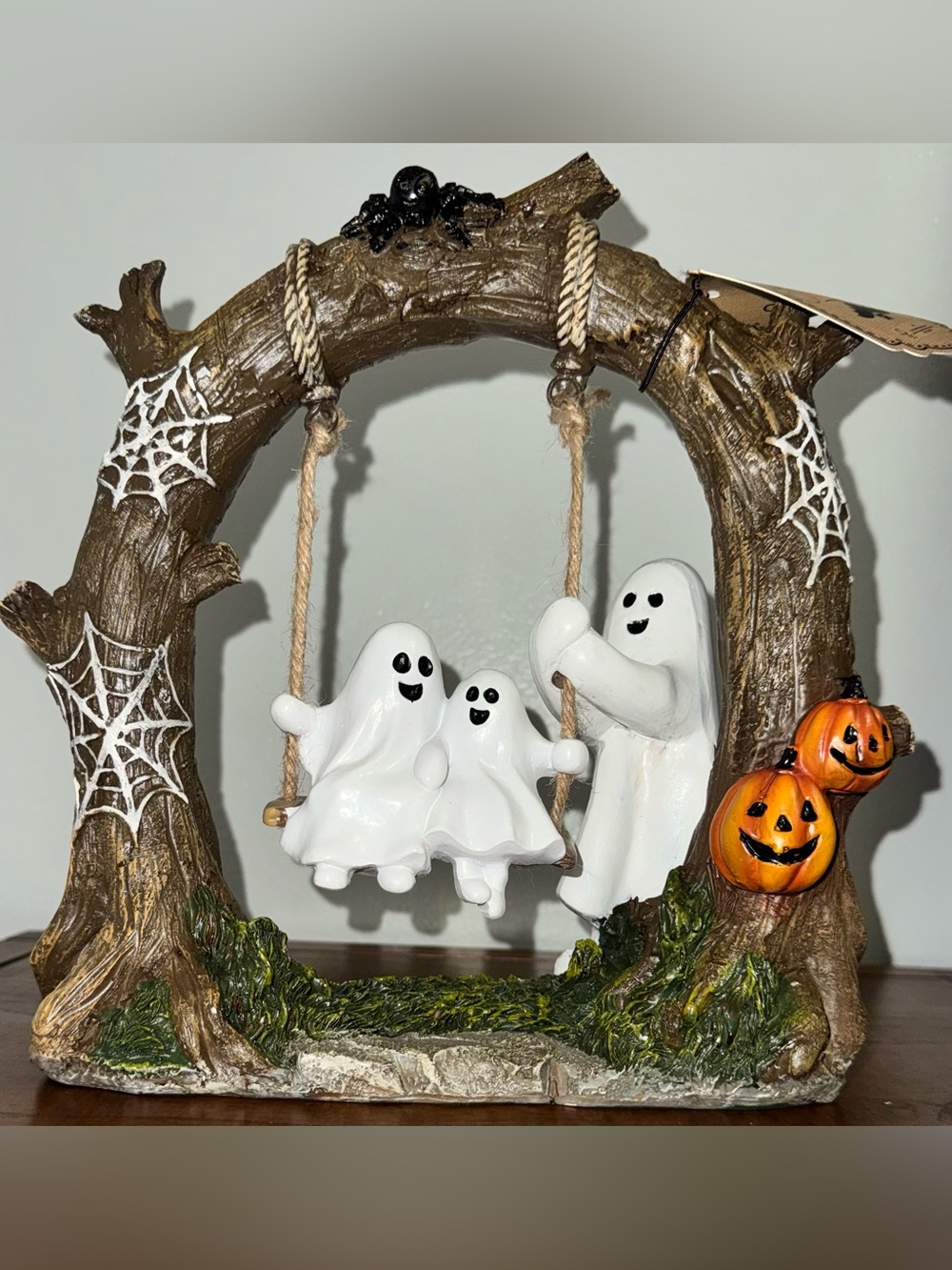Cute 🥰 Sweet Street Ghost Pushing 2 Little Ghosts  On Tree Swing Halloween Decor